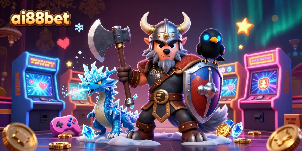 Engage in thrilling gaming at ai88bet with a vibrant illustration of a Viking wolf warrior, dragon, and cartoon raven amidst dazzling casino elements.