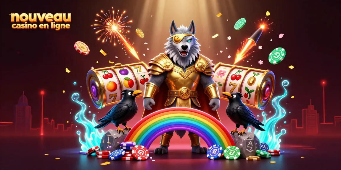 Illustration dynamique de nouveau casino en ligne avec des personnages mythologiques et éléments de jeux de hasard.