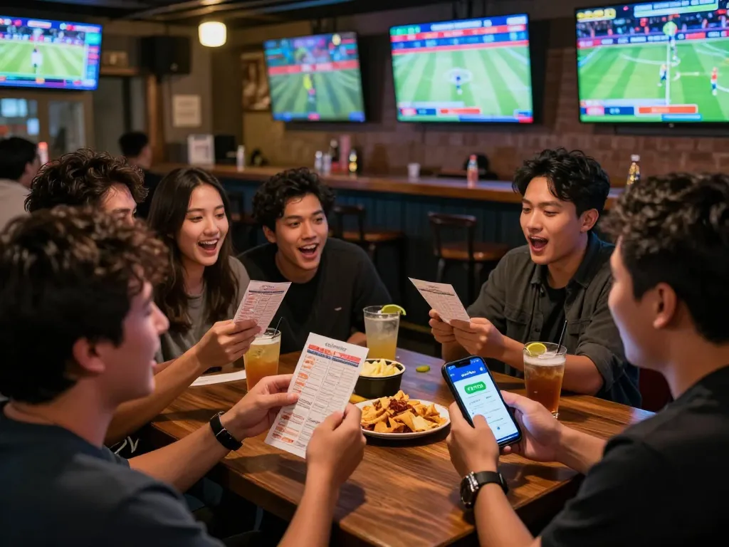 Friends engaged in thrilling sports betting using gojekpot app in lively bar atmosphere