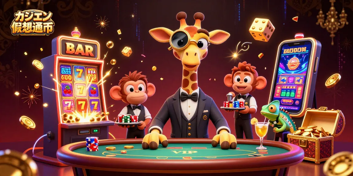 オンラインカジノ 仮想通貨で楽しむGiraffeと一緒に豪華なカジノ体験をするシーン