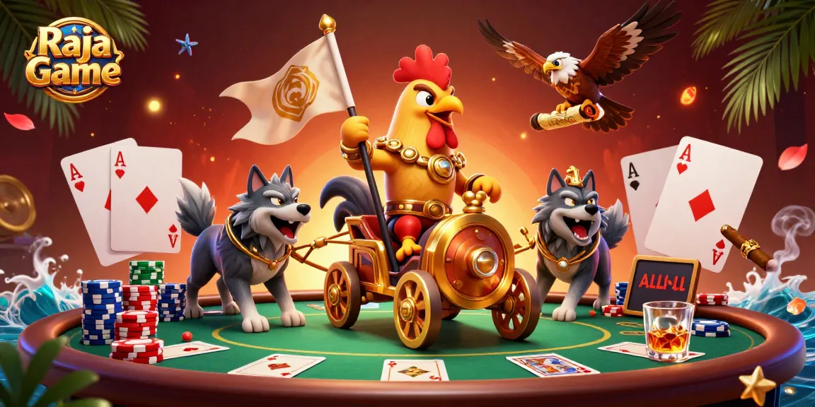 Experience thrilling gameplay at Raja Game with a dynamic 3D illustration featuring a gaming scene with vibrant casino elements.