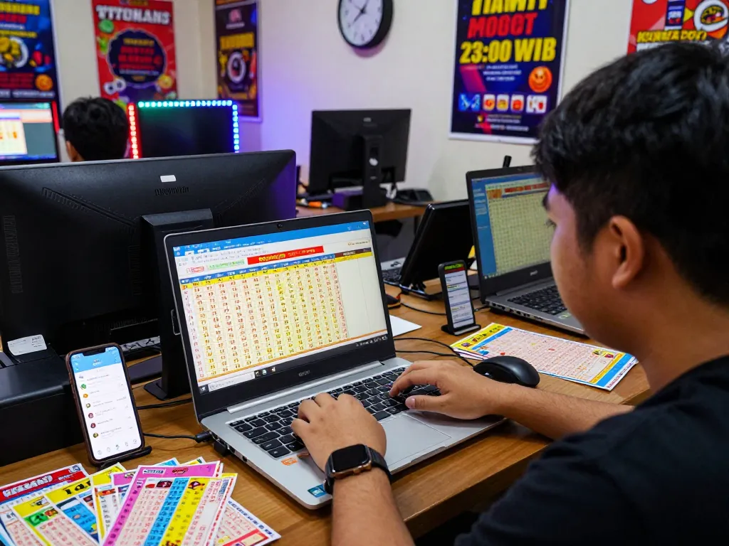 Player checking Keluaran HK on laptop with lottery tickets and smartphone notifications in vibrant gaming setup.
