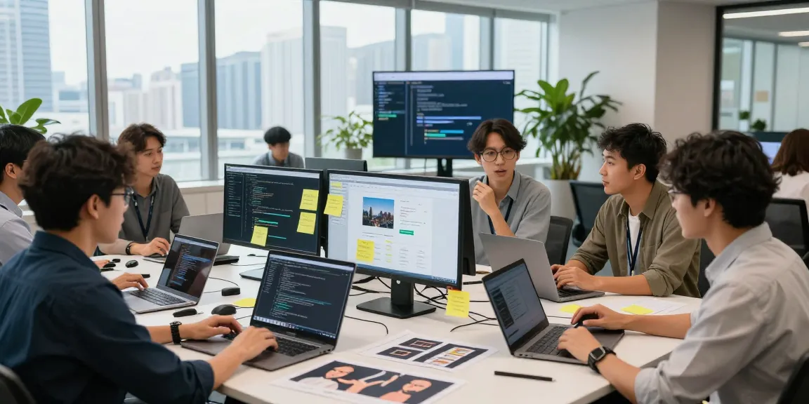 Team collaboration at a web development company in Hong Kong, showcasing creative discussions and modern technology.