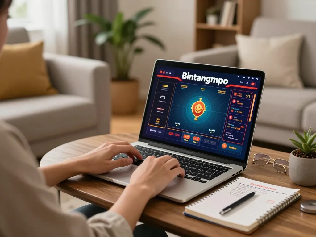 Pemain Bintangmpo yang menang di rumah dengan laptop dan catatan strategis di tengah suasana santai.
