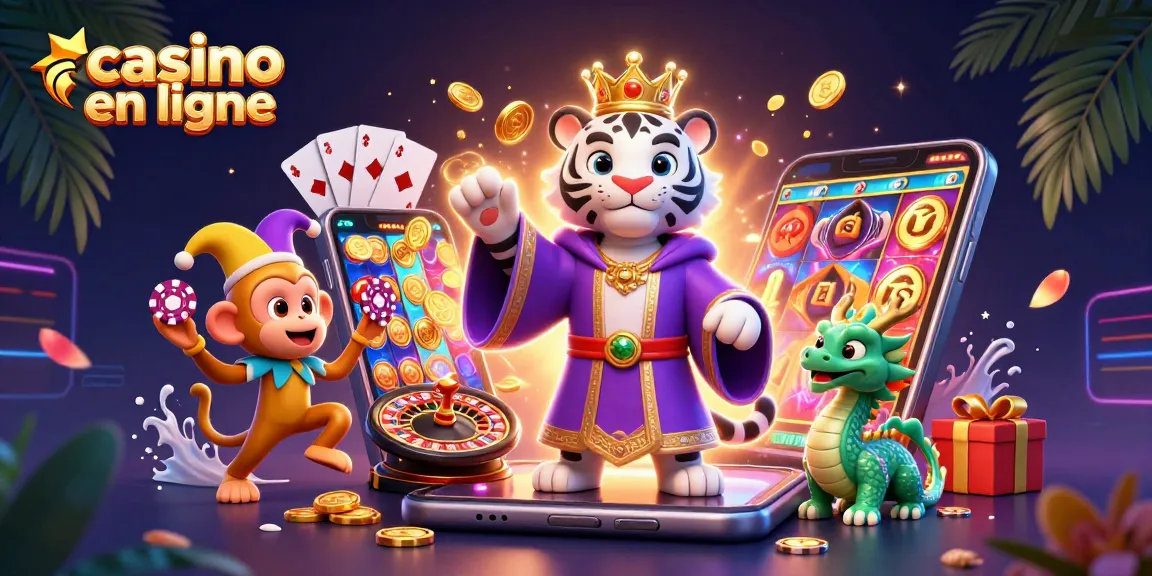 Visitez notre casino en ligne avec un tigre royal et un dragon jouant dans un décor animé.