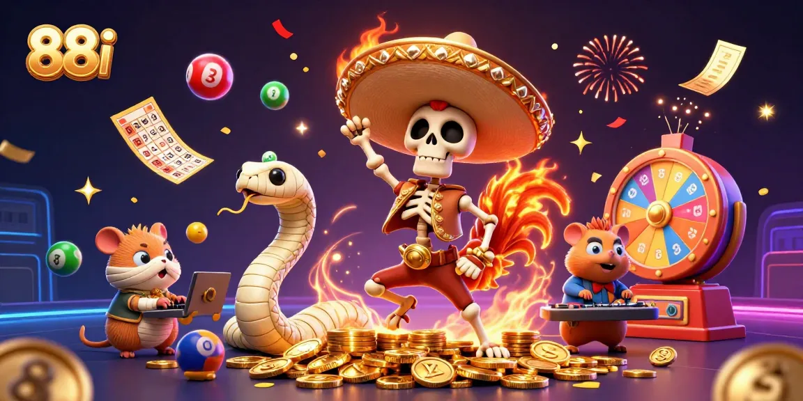 Experience the vibrant energy of 88i with a festive scene of a dancing mariachi skeleton amidst lottery excitement.