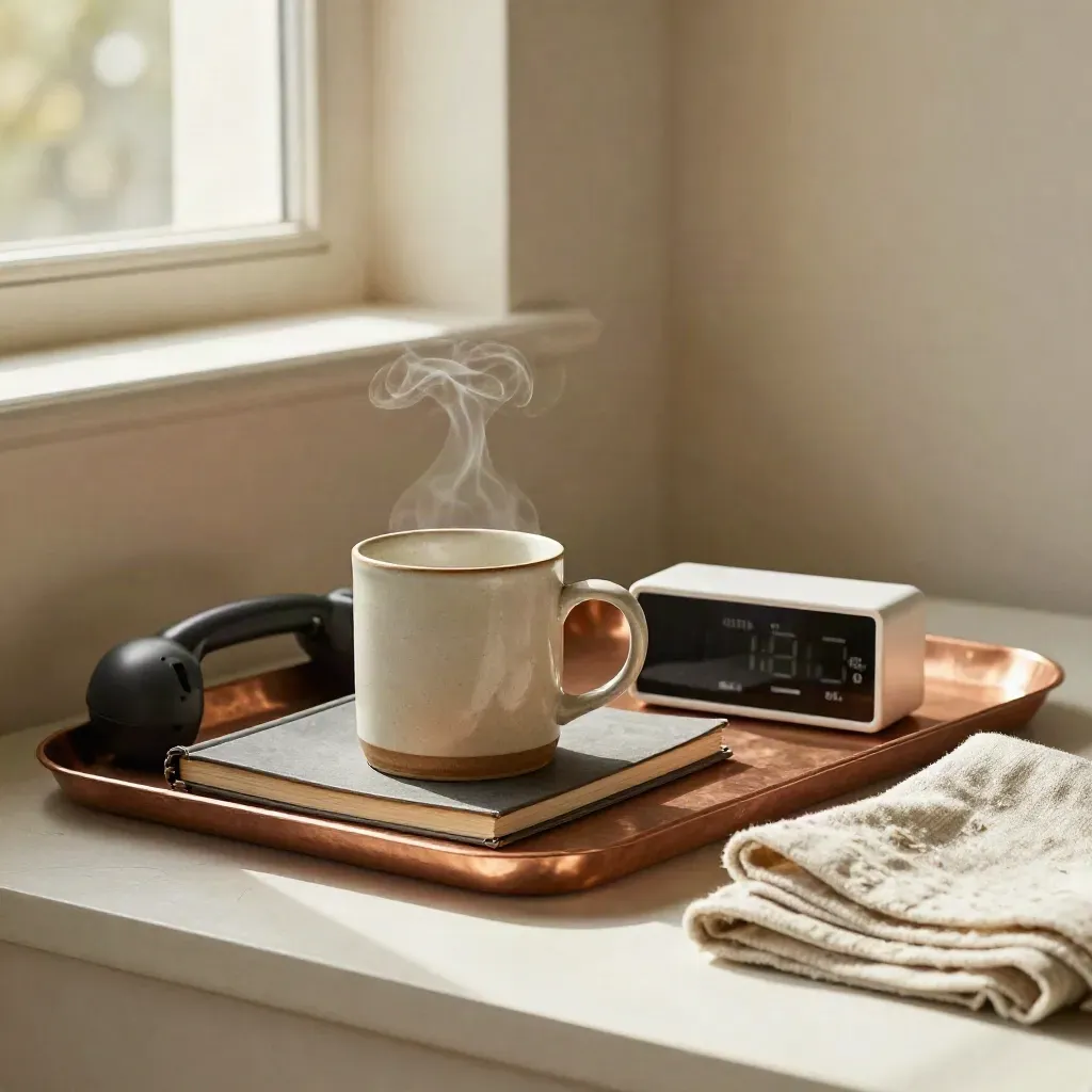 Steam curls from a mug beside a handset, closed notebook, and timer cube on a pale table.
