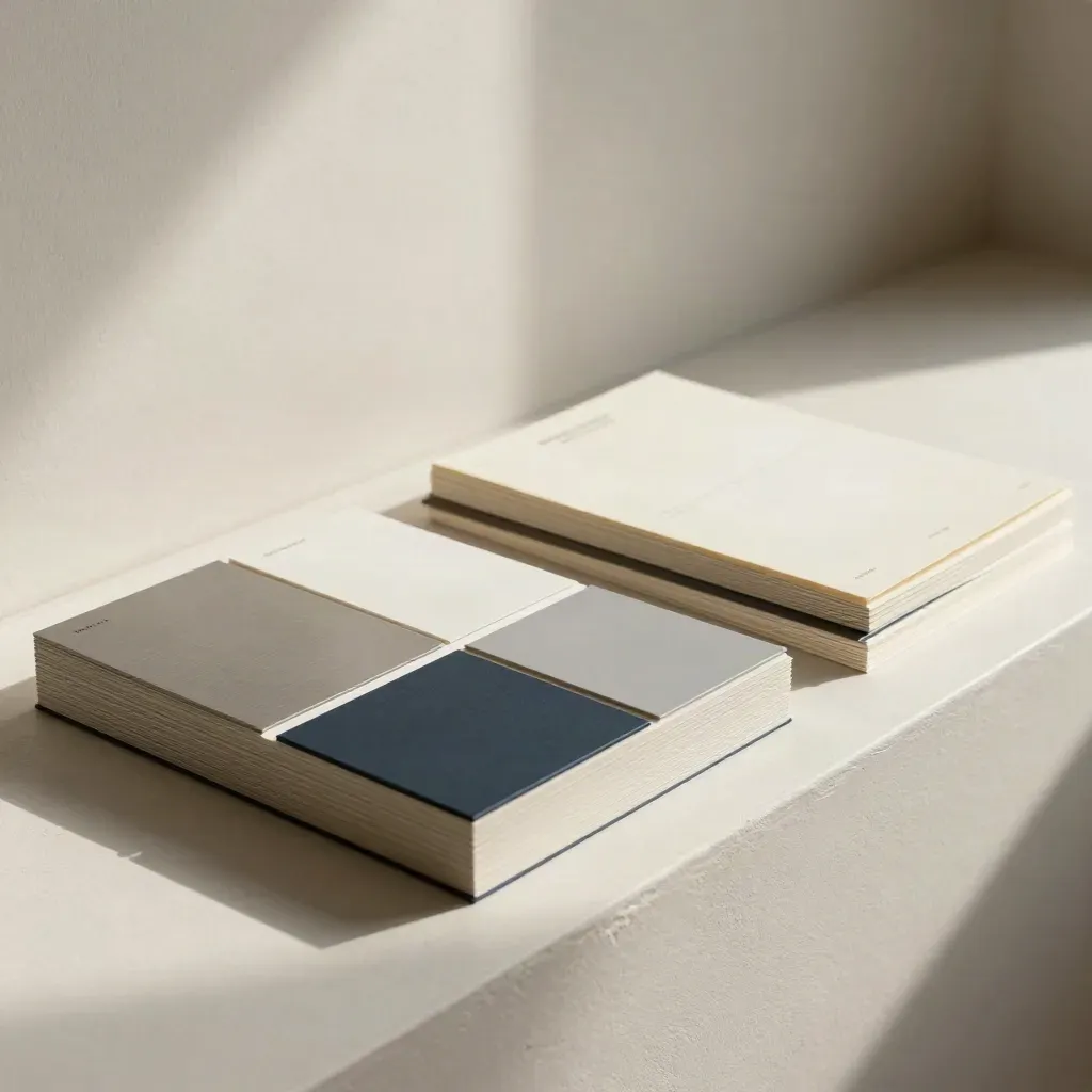 Brand strategy boards, swatches, and summary folio on pale plaster in bright studio light.