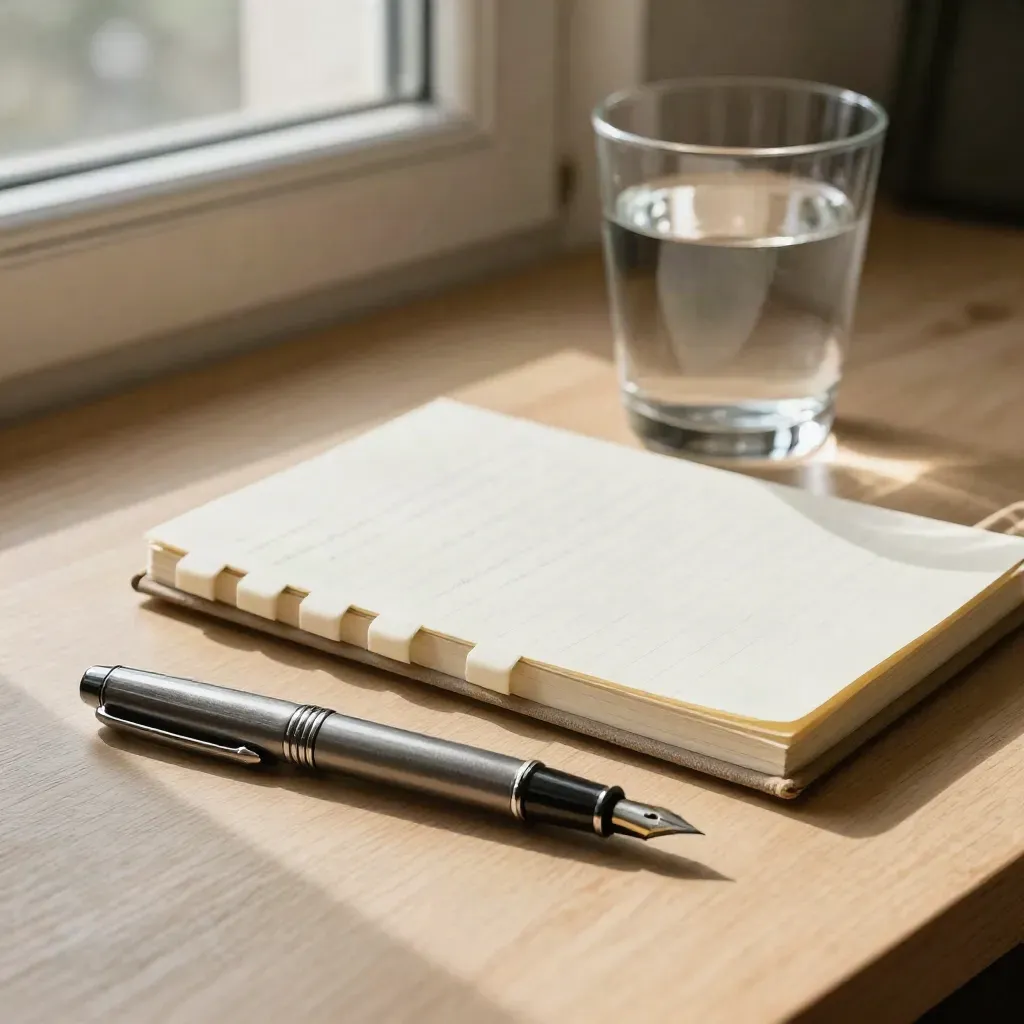 Heavy fountain pen, closed notebook, page markers and water glass on pale oak in warm afternoon light