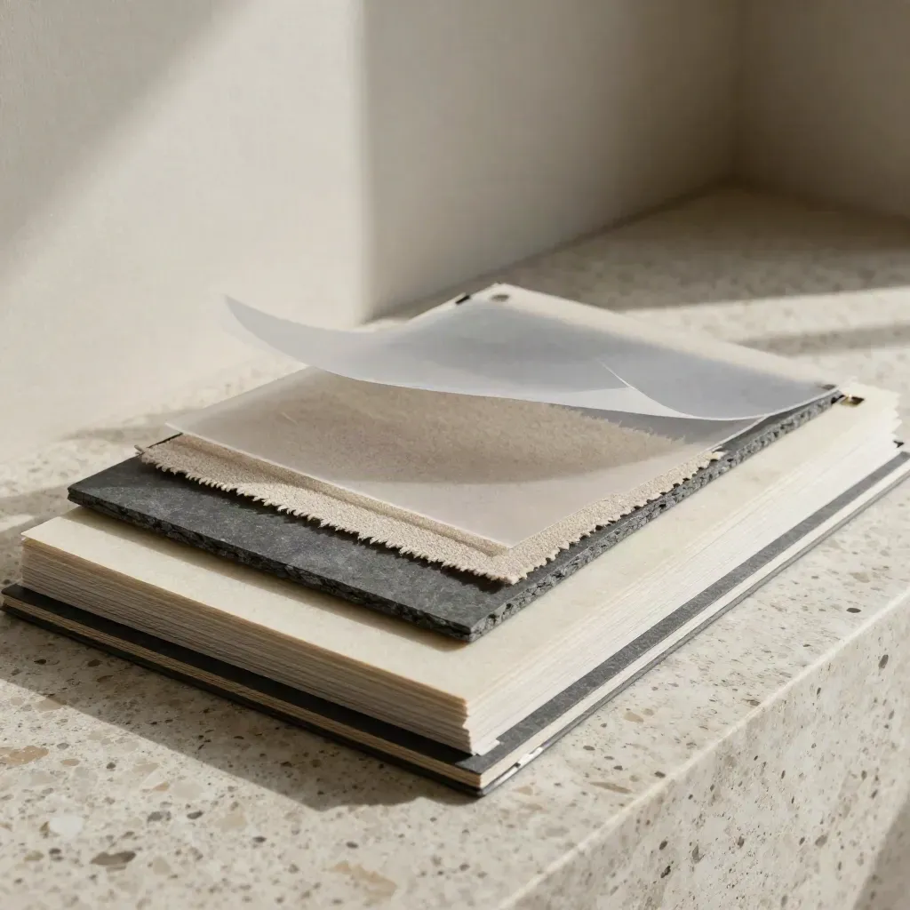 Layered mood boards and fabric swatches lifting on a travertine studio plinth