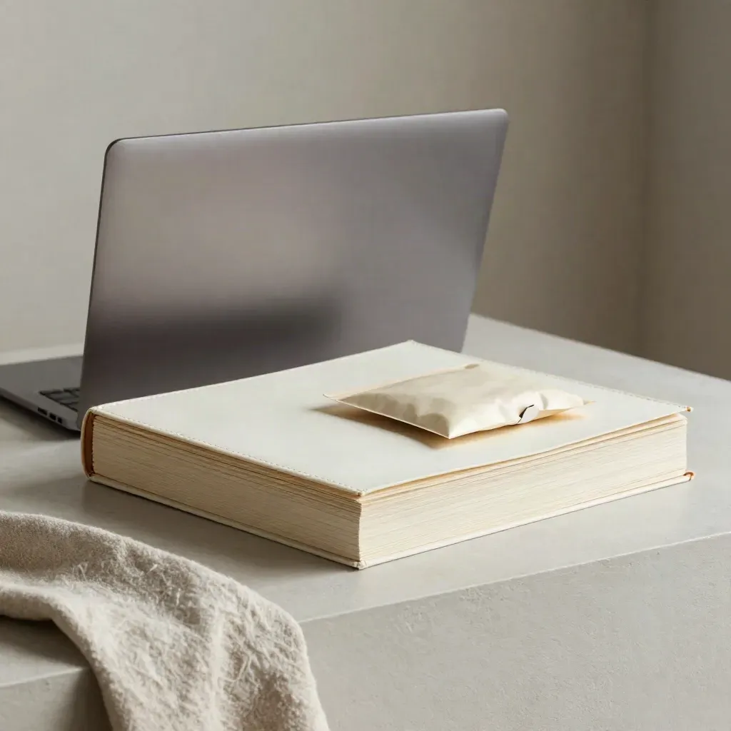 Closed laptop, bound website pages and sealed launch packet on a pale ledge in soft morning light