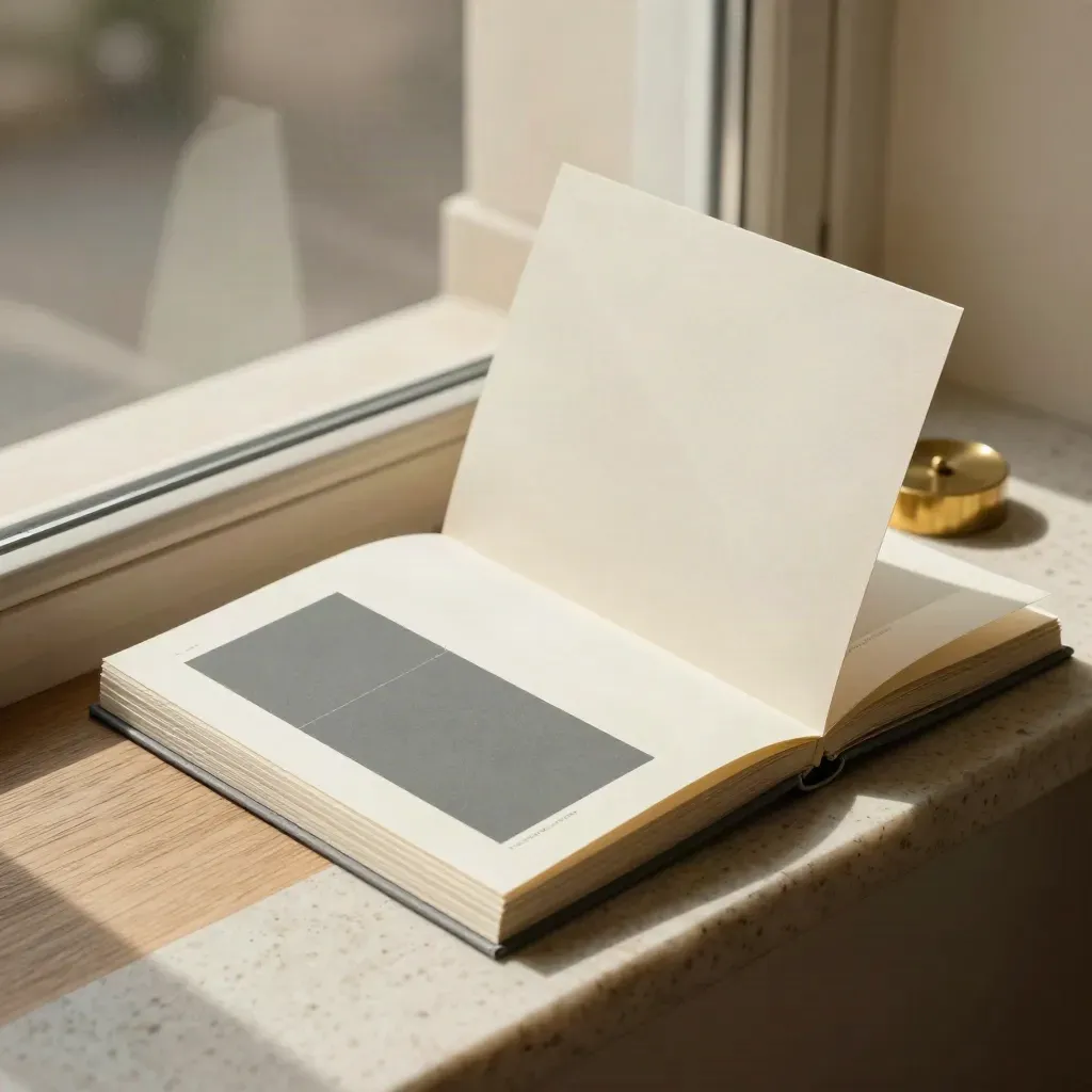 Sunlit service-page proof set with mockup sheets, section cards and brass paperweight.