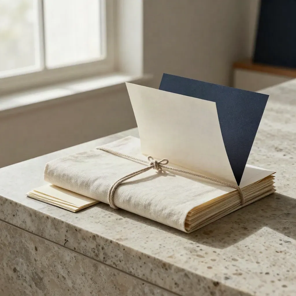 Linen-tied proposal folio, three cards, and sample packet on a travertine ledge in soft studio light