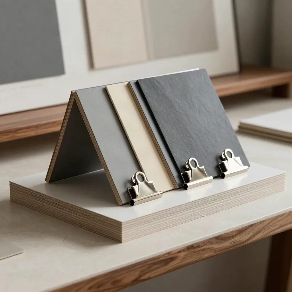 Presentation boards, sample stand, color chips and aluminum clips in a dramatic workspace still life.