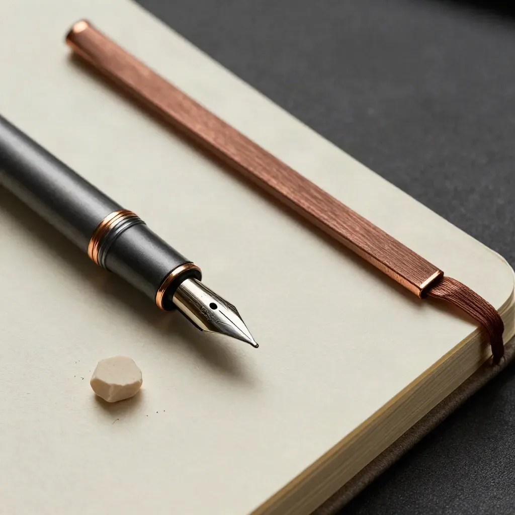 Macro editing kit with nib, pencil, notebook, markers and eraser crumbs on a bright paper surface.
