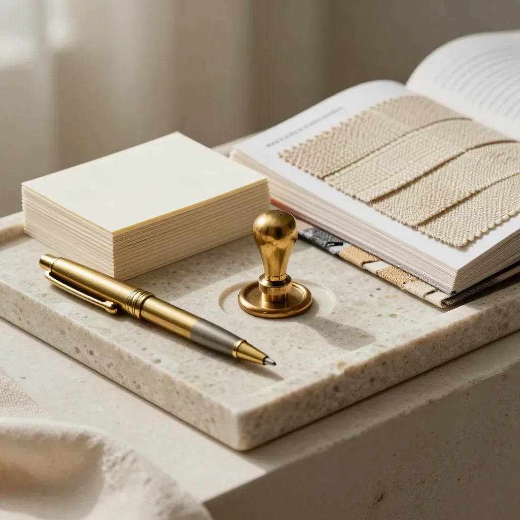 Macro still life of brass pen, swatch book, wax seal stamp and cream cards on travertine.