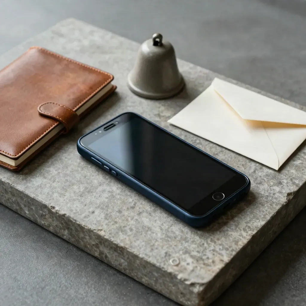 Overhead still life of a phone, leather notebook, ceramic bell, and envelope on stone.