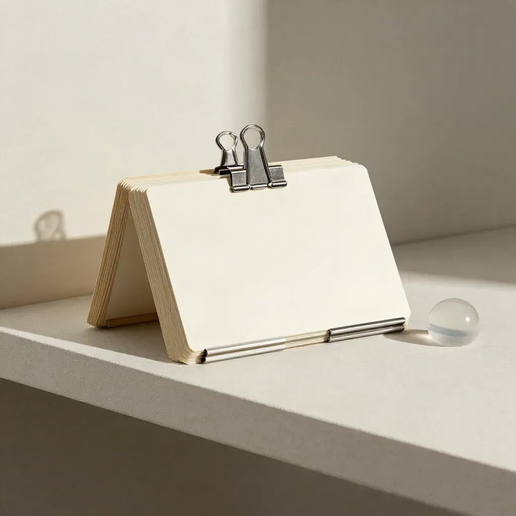 Blank cards, metal clips, and a smooth paperweight on a pale shelf.