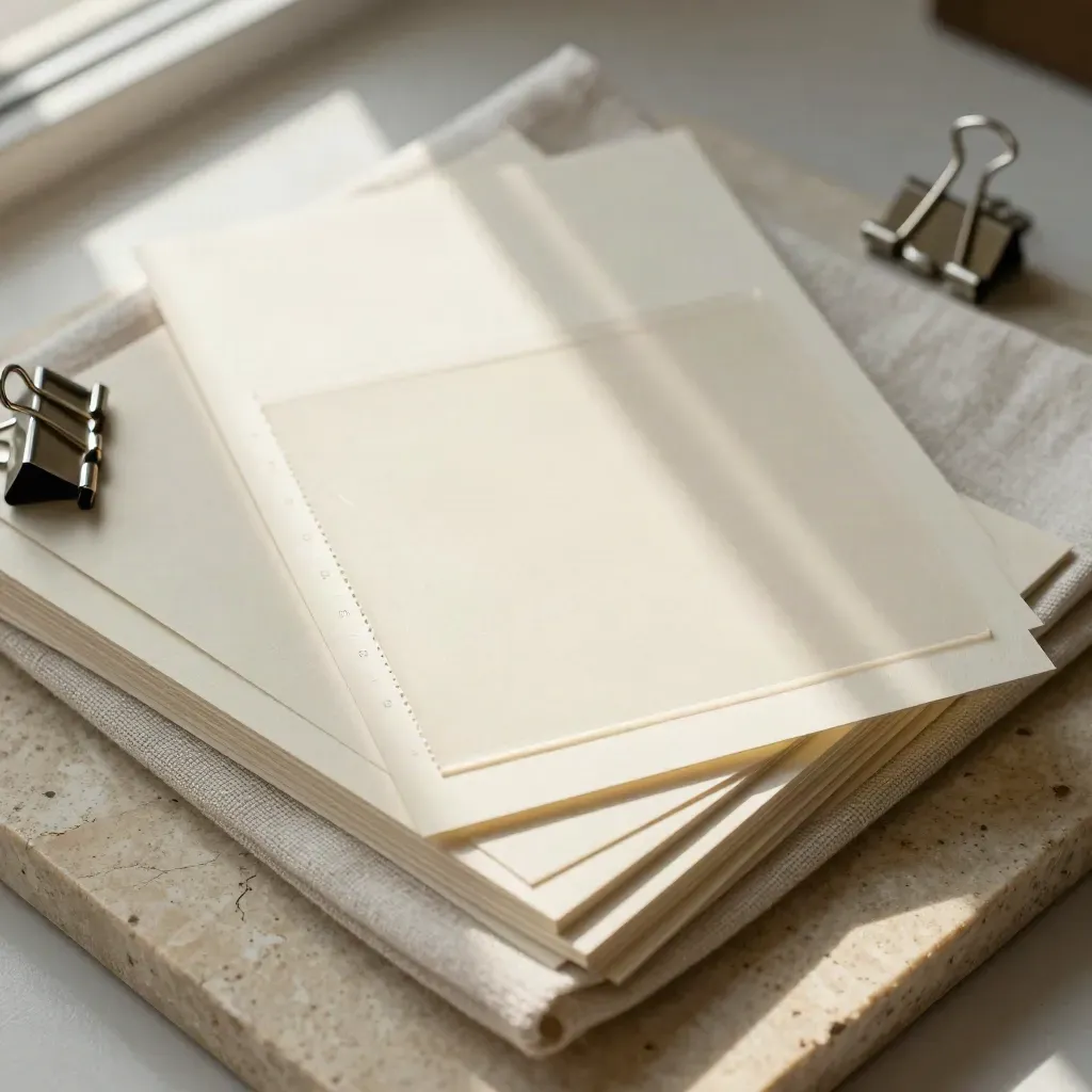 Overhead flatlay of card stock, vellum sheets, binding clips and linen cloth on limestone