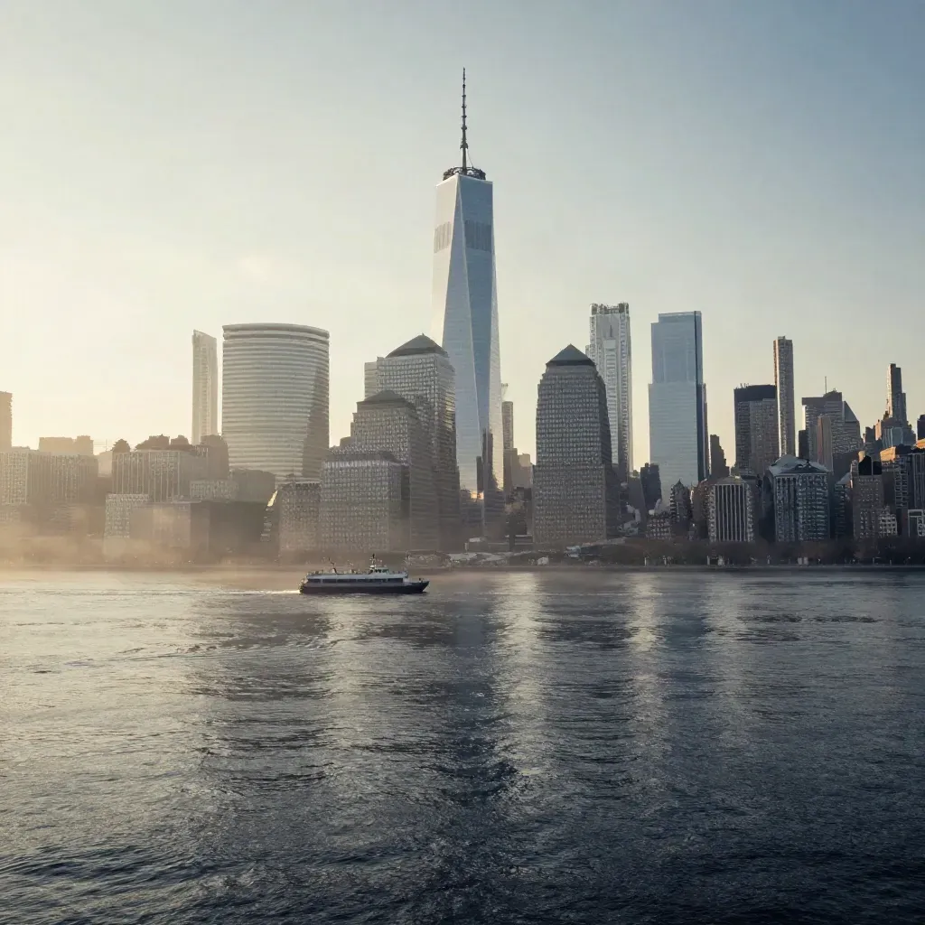 Lower Manhattan skyline across the Hudson at dawn in mist, with calm water below for copy.