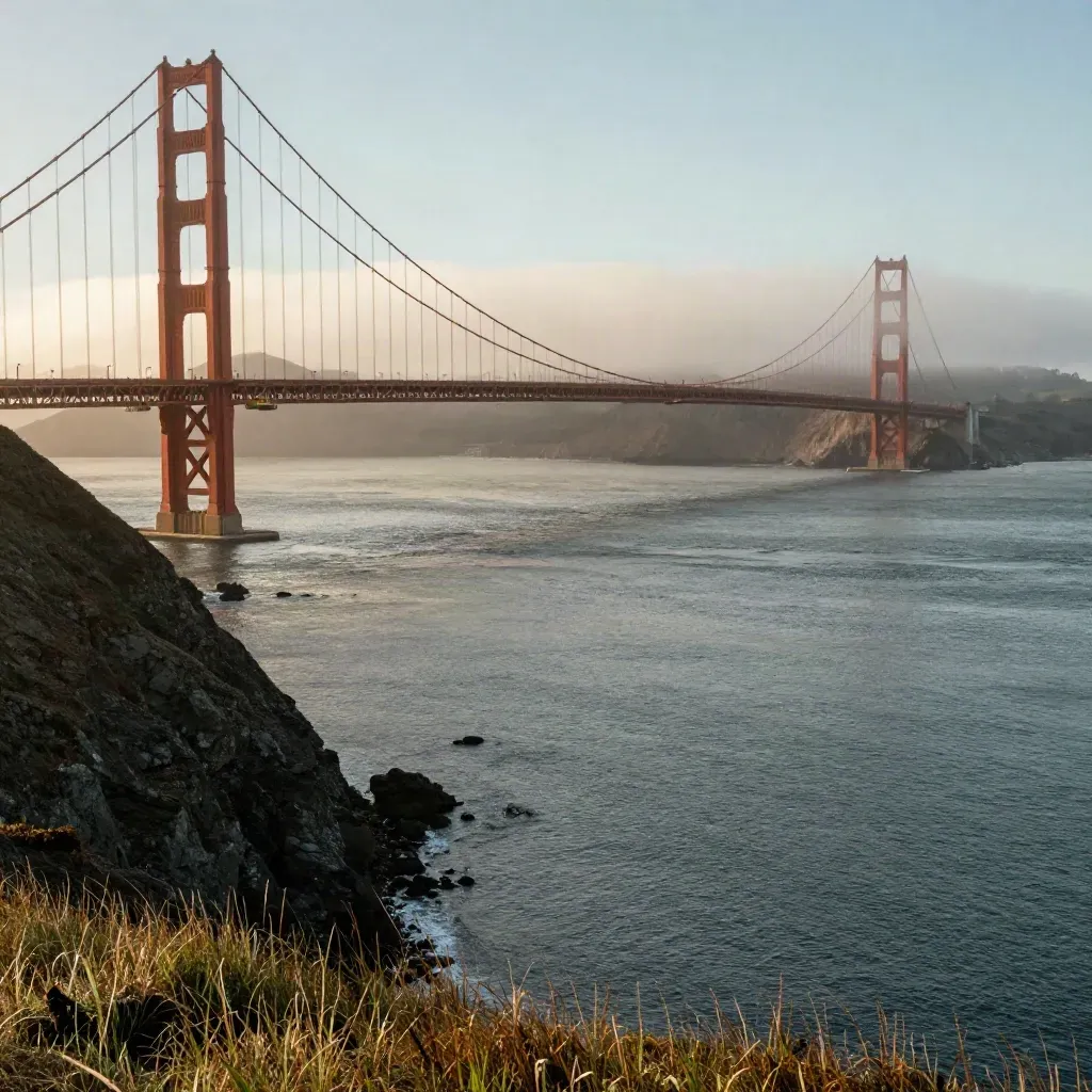 Golden Gate Bridge in warm fog above calm Bay water at sunset