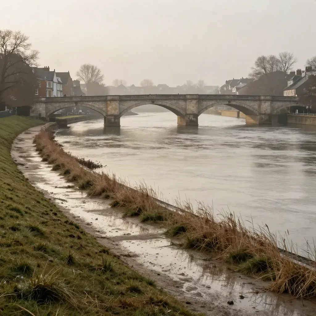 Thames curve with pale stone bridges and misty London rooftops above a calm river