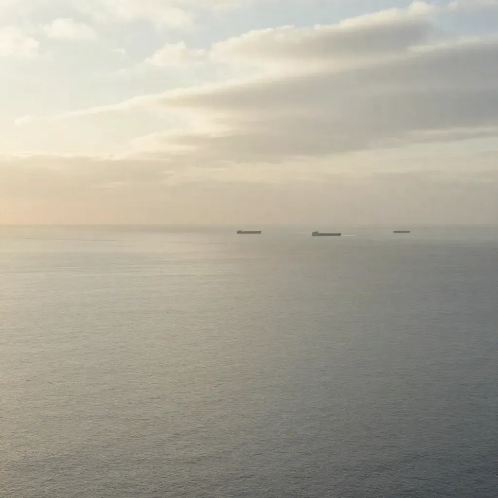 Hazy ocean horizon at dawn with a calm cloud deck and faint cargo ships