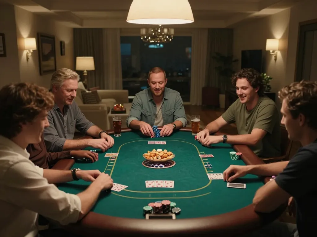Players enjoying a poker game at home, capturing the essence of 98win win excitement