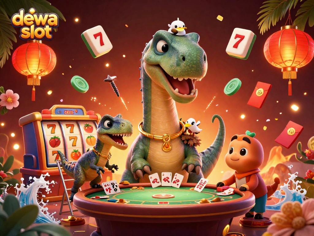 Ilustrasi 3D Dewa Slot menunjukkan brontosaurus dan raptor di kasino dengan banyak elemen permainan.