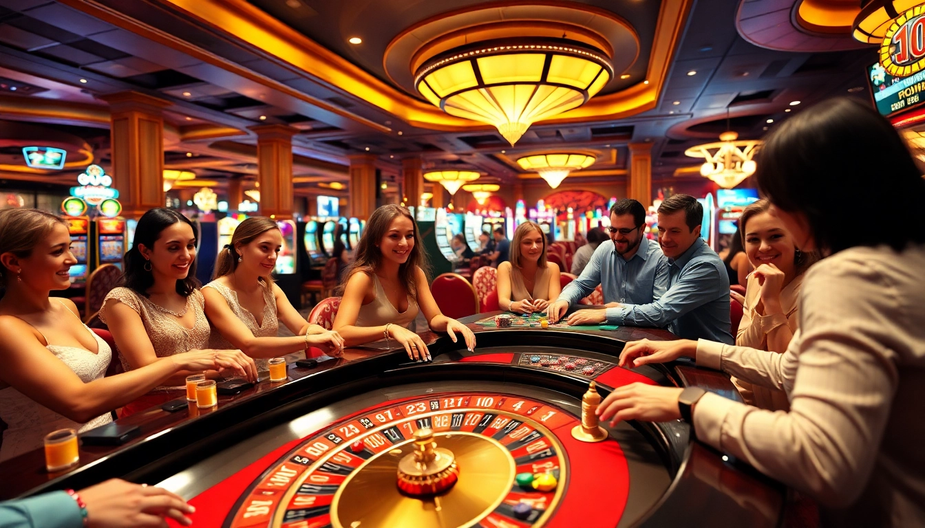 Players enjoying games at a Non gamstop casino Uk, surrounded by lively atmosphere and colorful decor.