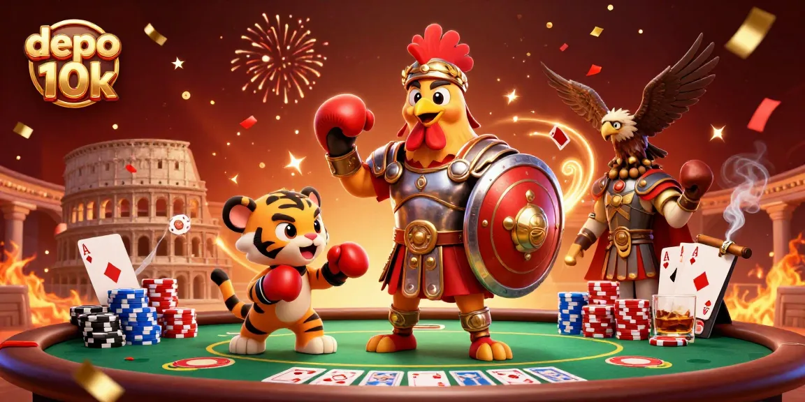Engage in the excitement of deposito 10k with a vibrant 3D scene filled with gambling characters and elements.