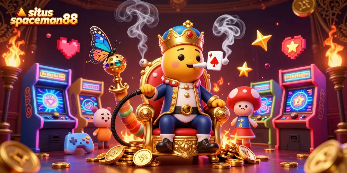 Experience thrilling gameplay at situs spaceman88 with vibrant gaming machines, golden coins, and energetic characters.