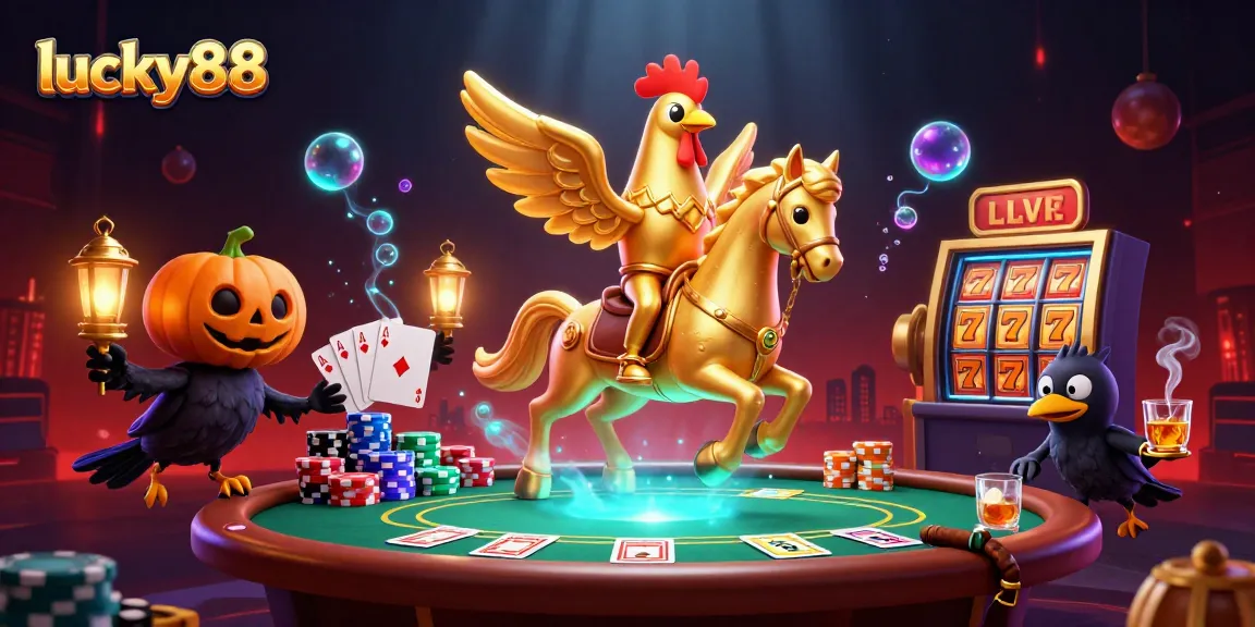 Engage with lucky88 in a vibrant casino scene filled with golden rooster, poker elements, and thrilling slot symbols.
