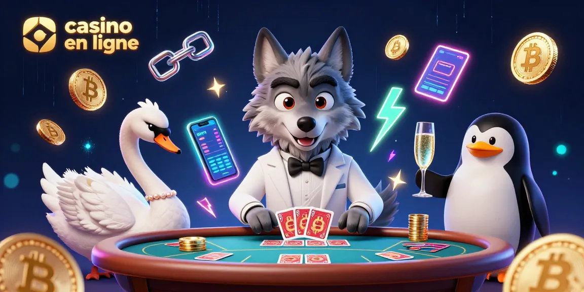 Participer à des jeux de casino en ligne avec un loup élégant, un cygne et un pingouin, entourés d'éléments cryptographiques.