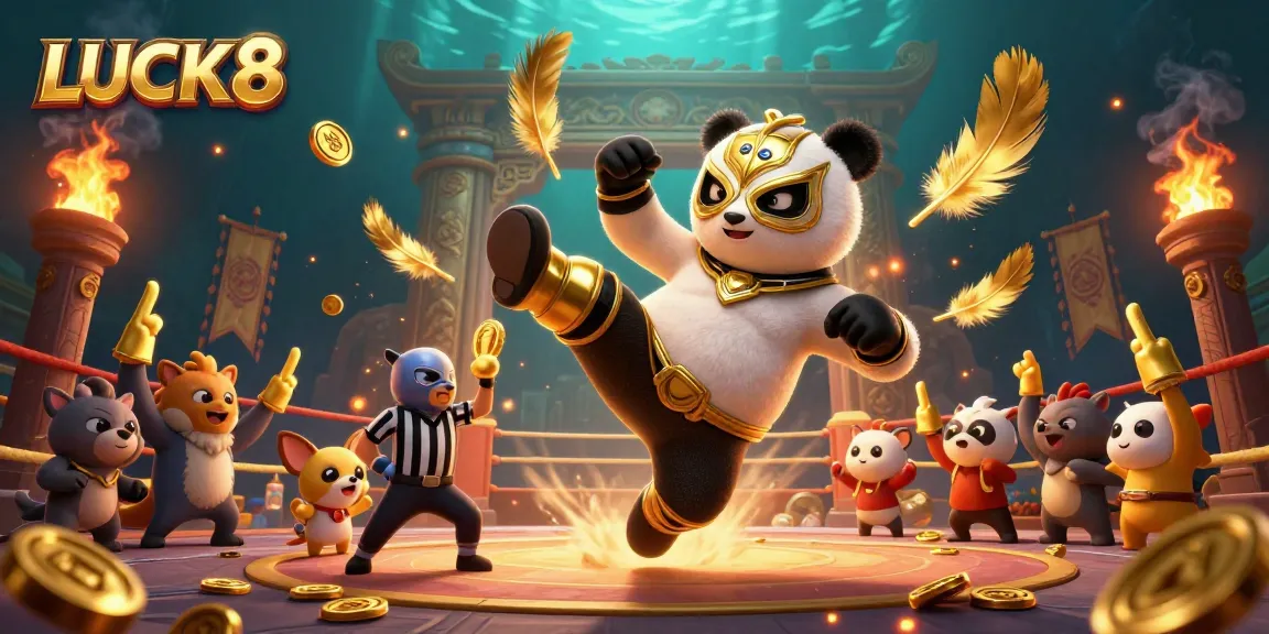 LUCK8 enhances your casino experience with a professional wrestler panda and vibrant game elements.