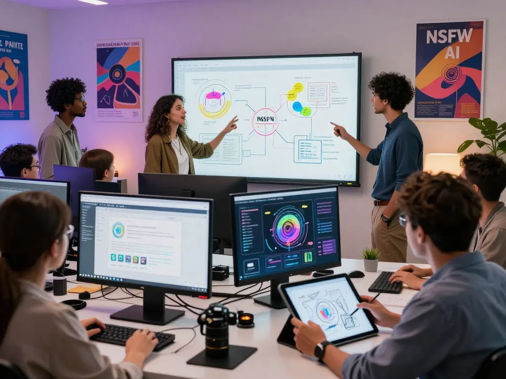 Creative professionals collaborating on innovative NSFW AI applications in a modern workspace.