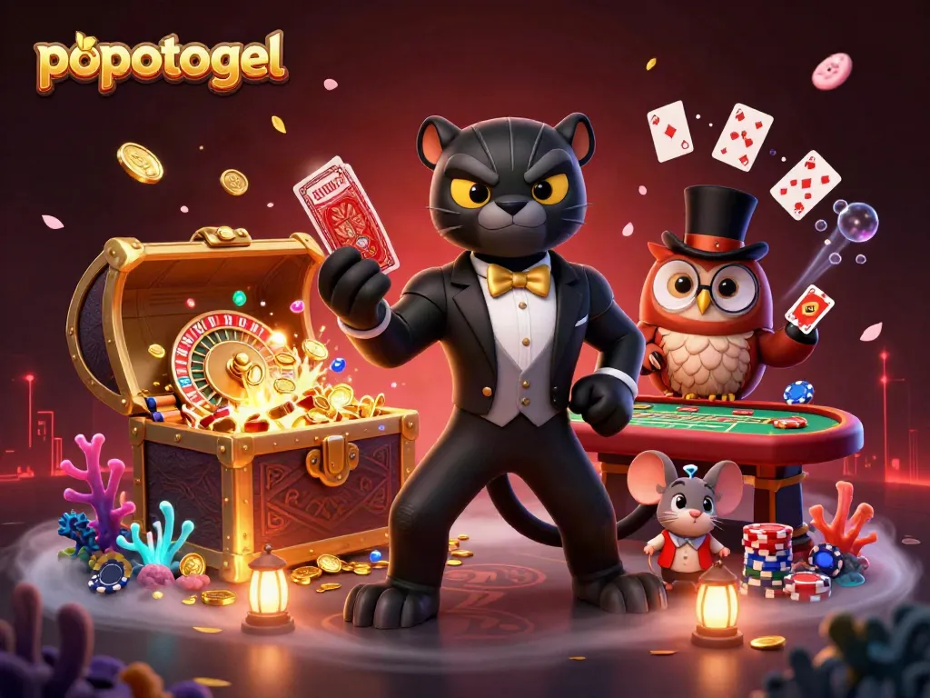 Gambar popotogel menunjukkan kartun panther stylish dengan tuxedo, membantu dalam permainan kartu kasino.