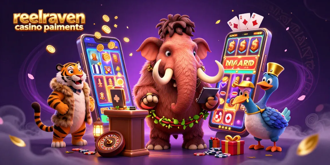 Découvrez les paiements sur ReelRaven Casino, avec un mammouth et d'autres personnages au casino.