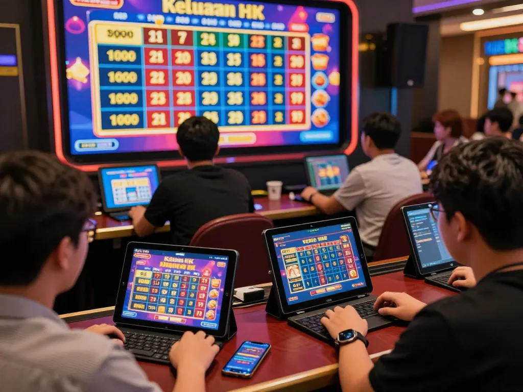 Keluaran HK live draw scene highlighting excited players and vibrant betting interface