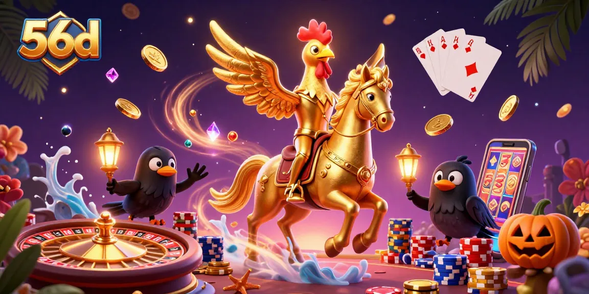 Engage with 56d casino excitement as the golden rooster rides through a vibrant 3D world.