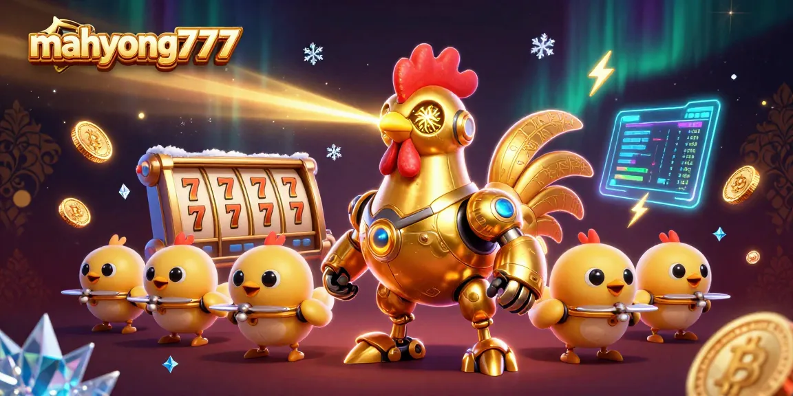Engage with mahyong777 as a golden rooster robot energizes a vibrant casino scene with slot reels and neon coins.