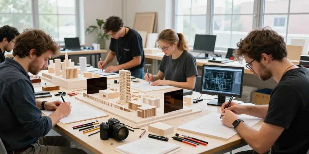 Präzise Architektur Modellbau Dresden in einer kreativen Werkstatt mit Handwerkern bei der Arbeit.
