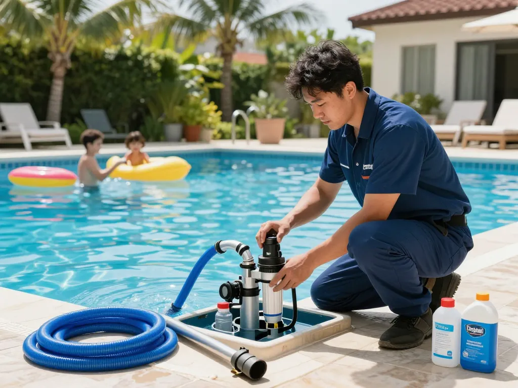 Dolphin Pool Services technician inspecting filtration system by the sparkling pool.