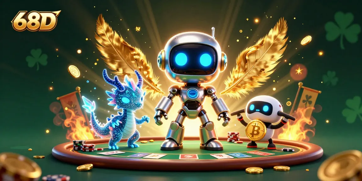 Engage in thrilling poker at 68D with vibrant characters, gold coins, and immersive atmosphere.