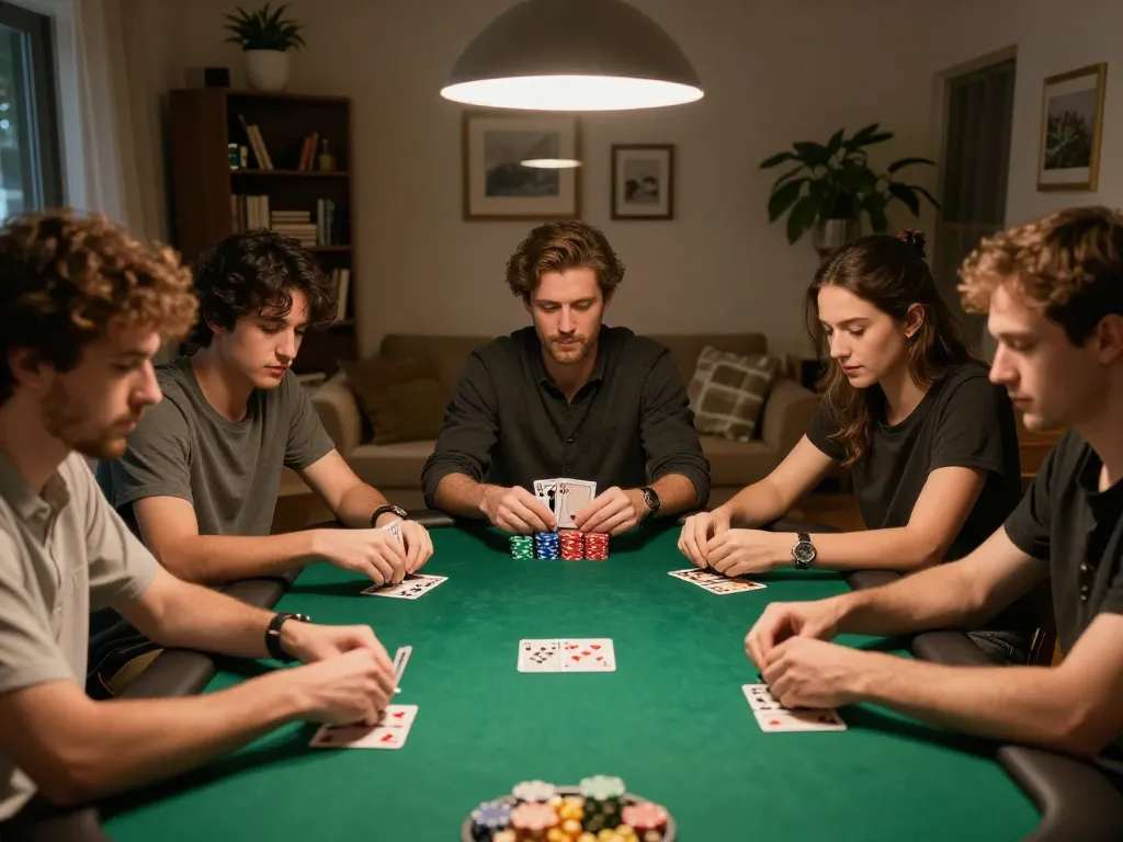 Engaged friends play poker at home, showcasing the best widget store atmosphere with chips and cards.