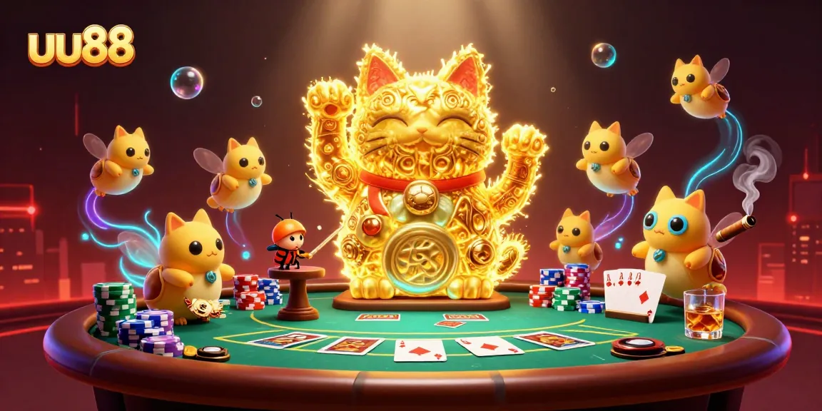 Experience exciting gameplay with uu88 in a vibrant, action-packed casino scene showcasing a lucky cat