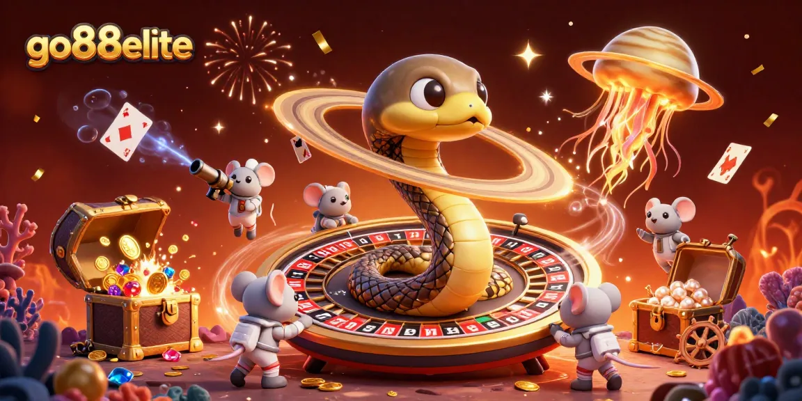 Experience vibrant gaming excitement at go88elite with playful astronaut mice betting on a roulette snake.