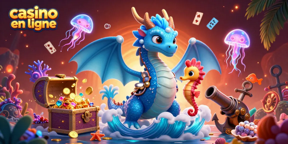 Illustration dynamique de casino en ligne avec dragon d'eau et coffre au trésor dans un univers coloré.