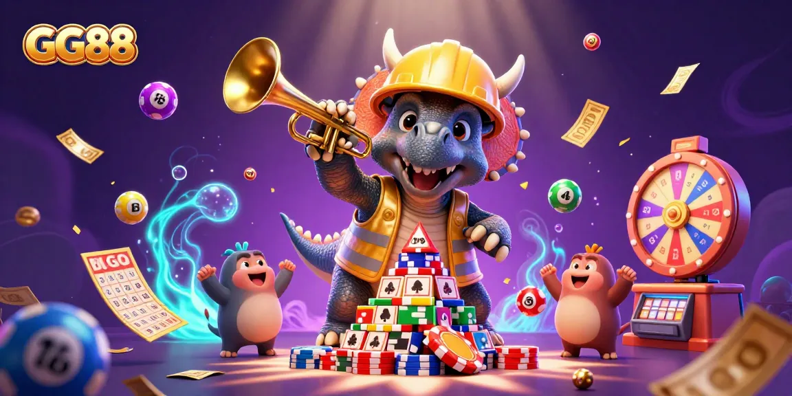 Engage with GG88's thrilling gaming experience as lottery balls bounce dynamically around a vibrant casino scene.