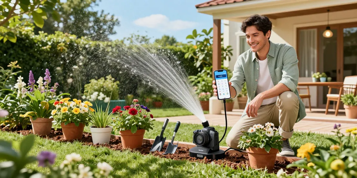 The homeowner using a rainpoint automatic watering system in a colorful garden, showcasing easy plant care.